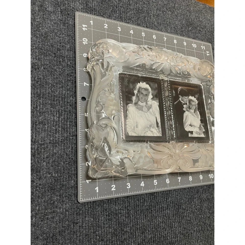 Vintage Frosted Glass Double Picture Frame Grape Vine Relief Tabletop Ornate